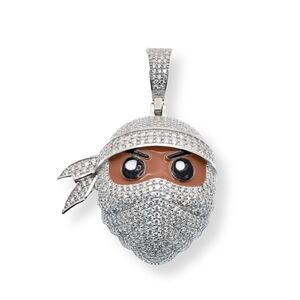 Sterling Silver 925 Rhodium Plated Masked Ninja Brown Enamel Clear CZ Pendant